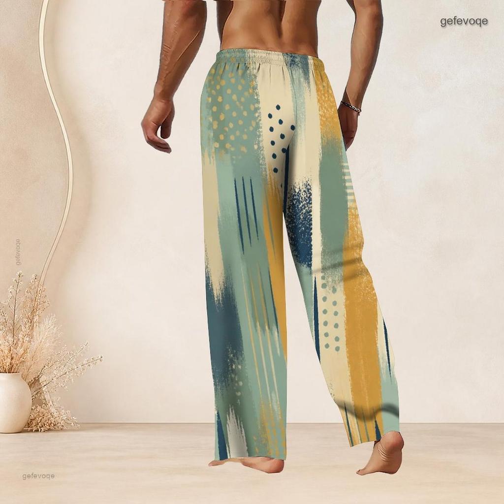 Men S Plus Size Blue Black Ink Splash Printed Drawstring Waist Straight Leg Full Length Beach Pants