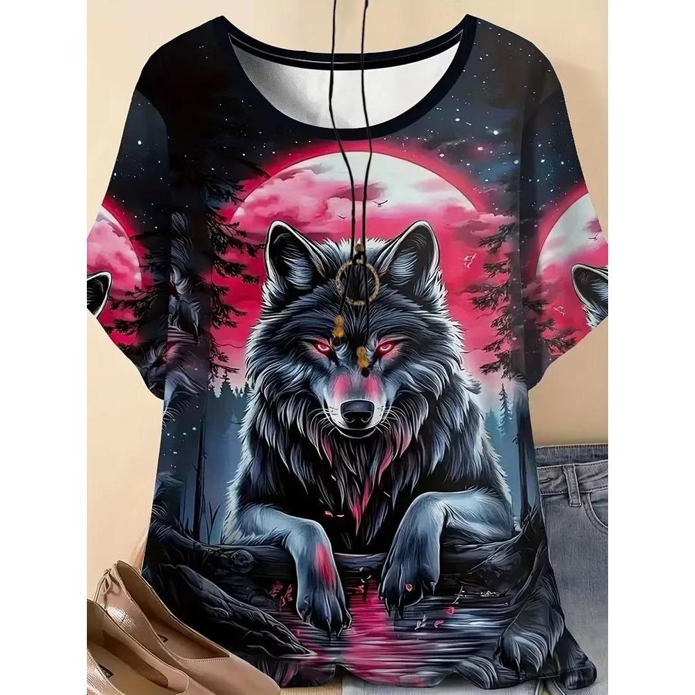 Cute Fun Animal 3D Printed Short Sleeved T-shirt Fashionable Comfortable Soft Breathable Large Loose Summer Womens T-shirt