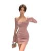 Women's Autumn/Winter Mesh Patchwork Waist-Hugging Ruched Mini Dress