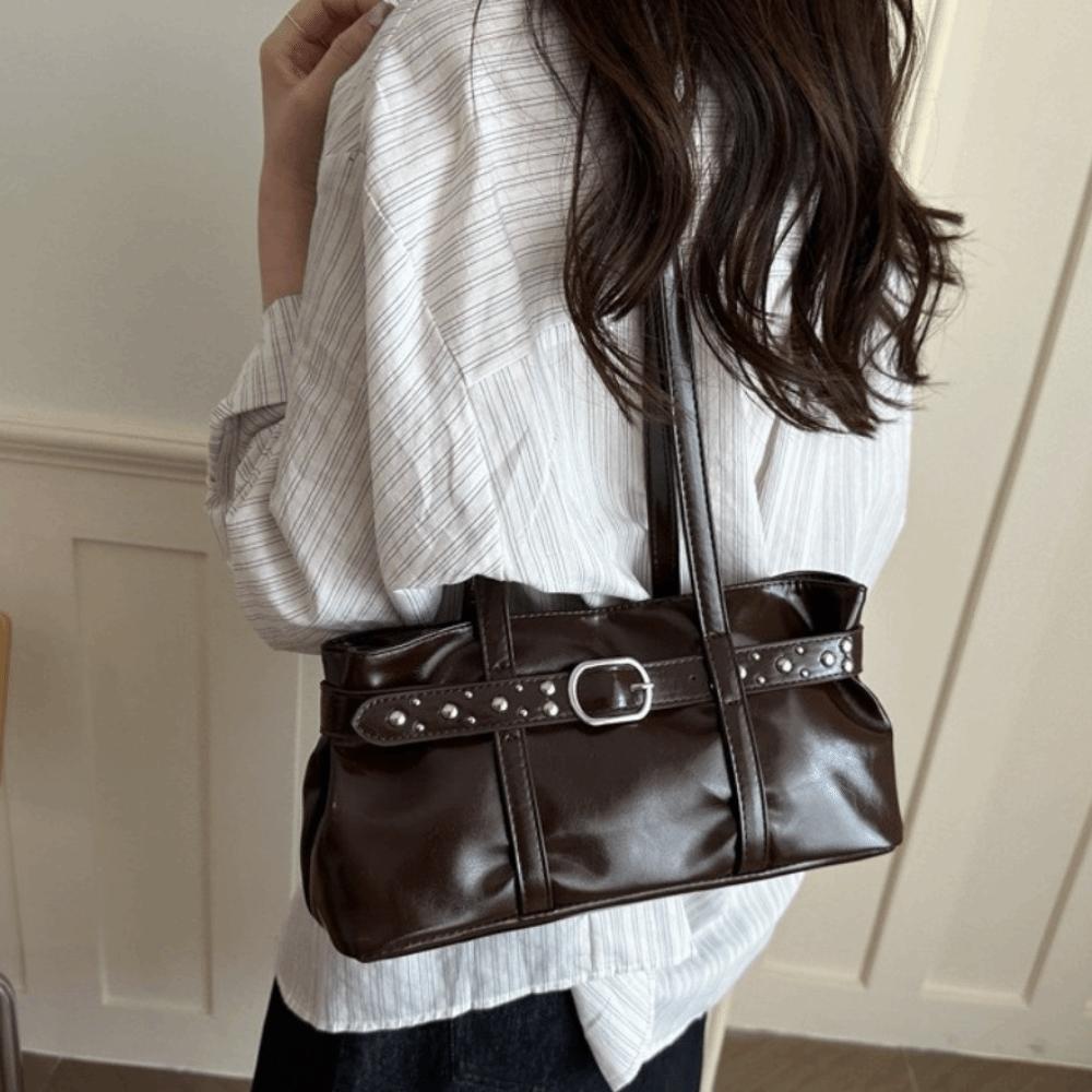 Rivet Belt Buckle Underarm Bag Large Capacity Tote Bag Simple PU LeatherShoulder Bag Casual Style