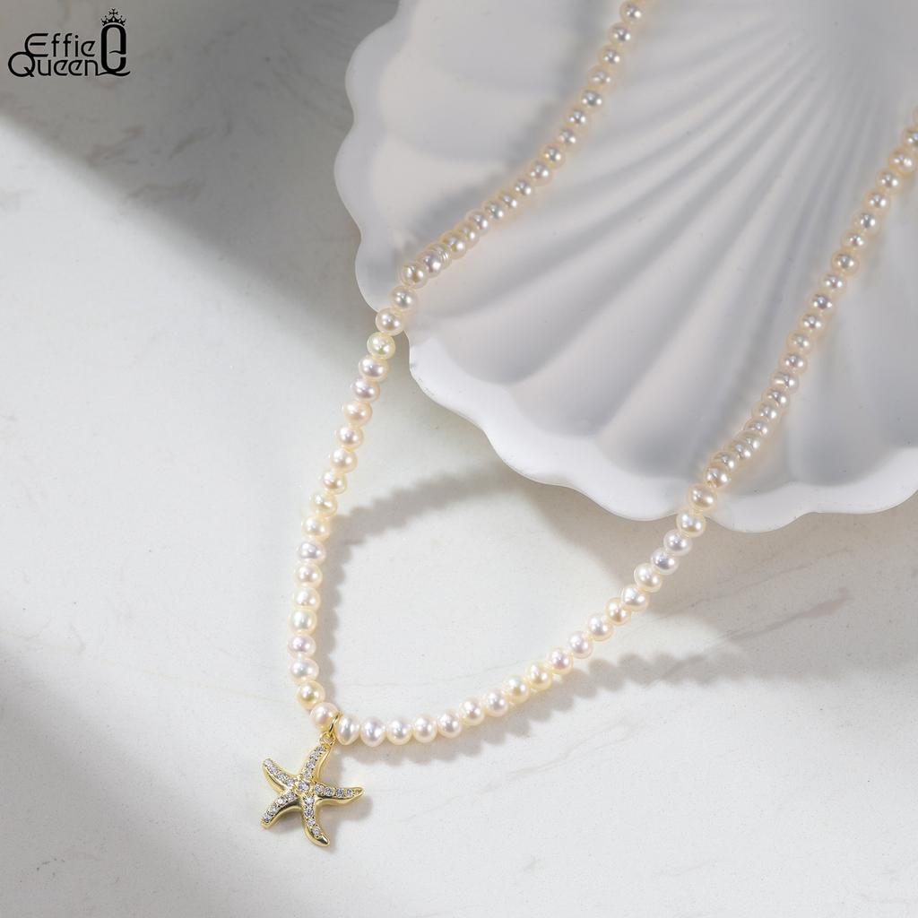 EFFIE QUEEN 100% S925 Silver 14k Gold Starflsh Style Pearl Chain Choker Necklace Natural Jewelry for Women Summer Beach GPN96