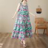DIMANAF Plus Size Dress Summer Women Vintage Linen Elegant Style Sleeveless Floral Loose New Long Dress 8021