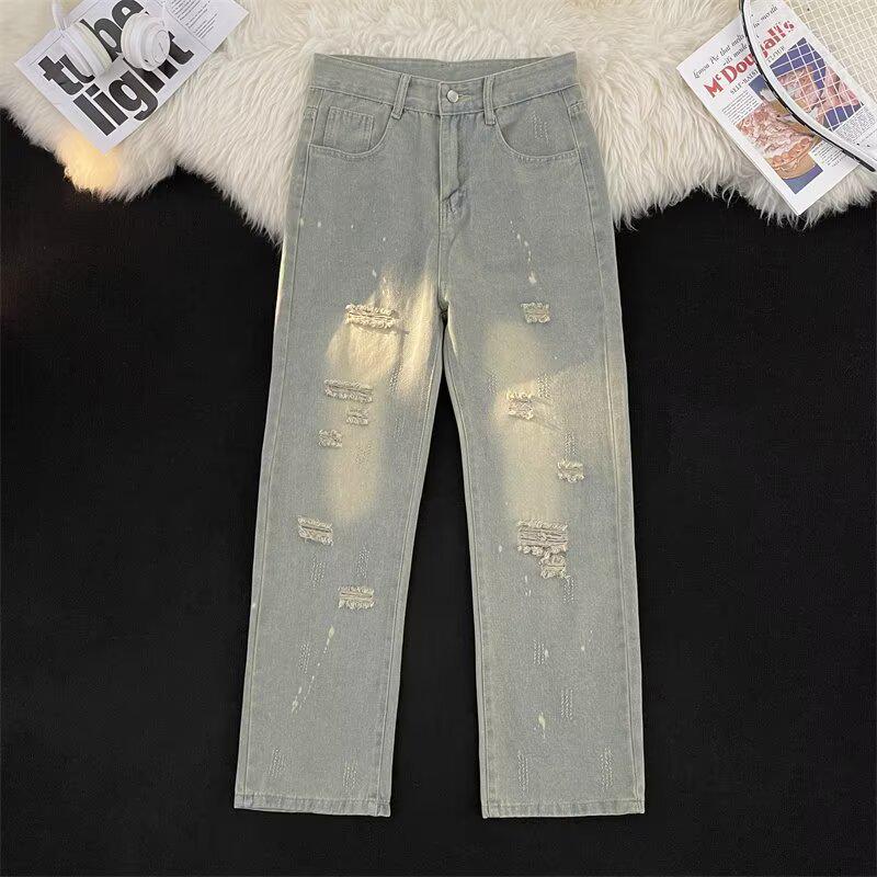 

Мужские летние тонкие повседневные джинсы в американском стиле High Street с выстиранными дырками - модные, свободные, прямого кроя 3XL синий