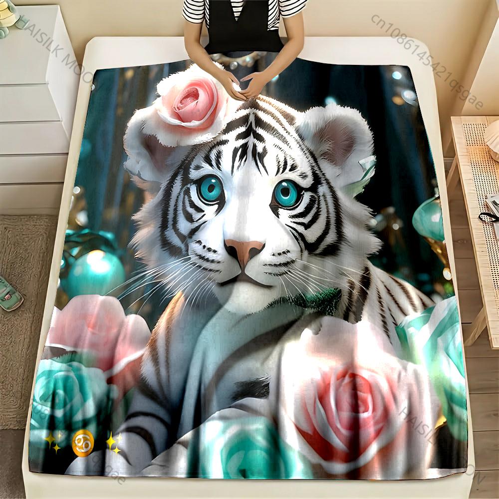 Bengal tiger and rose print Blanket Warm Soft Luxury Gift for Child Adults Suitable for Home Sofa Bed Travel Camping RV 75X95CM