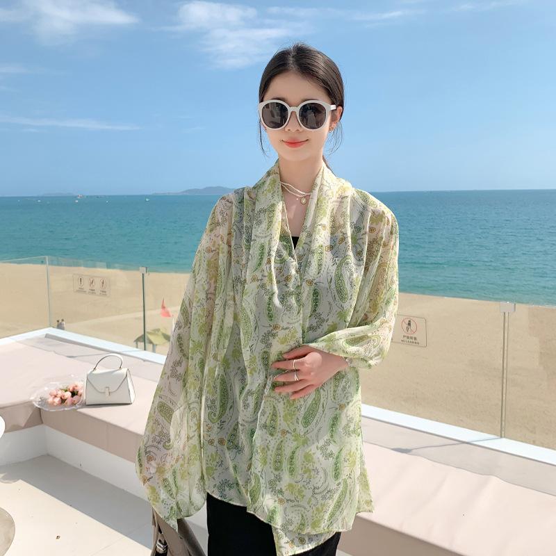 Summer New Floral Chiffon Scarf For Women'S Outdoor Travel Versatile Extended Thin Sunscreen Shawl Beach Towel