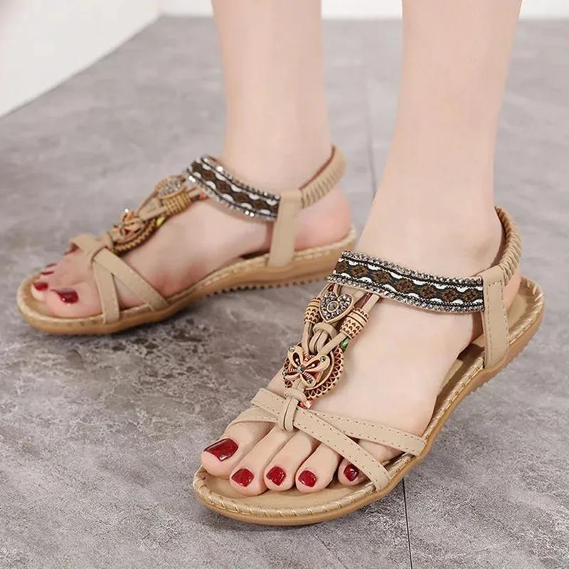 Floral Diamond Bohemian Sandals for Women Summer 2025 Crystal Beaded Flat Sandalias Mujer Lightweight Non Slip Beach Shoes Woman