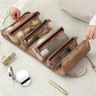 4PCS In 1 Borsa per cosmetici per donna Borsa per cosmetici separabile con cerniera a rete Borsa per cosmetici pieghevole da donna Borsa per pennelli per trucco in corda