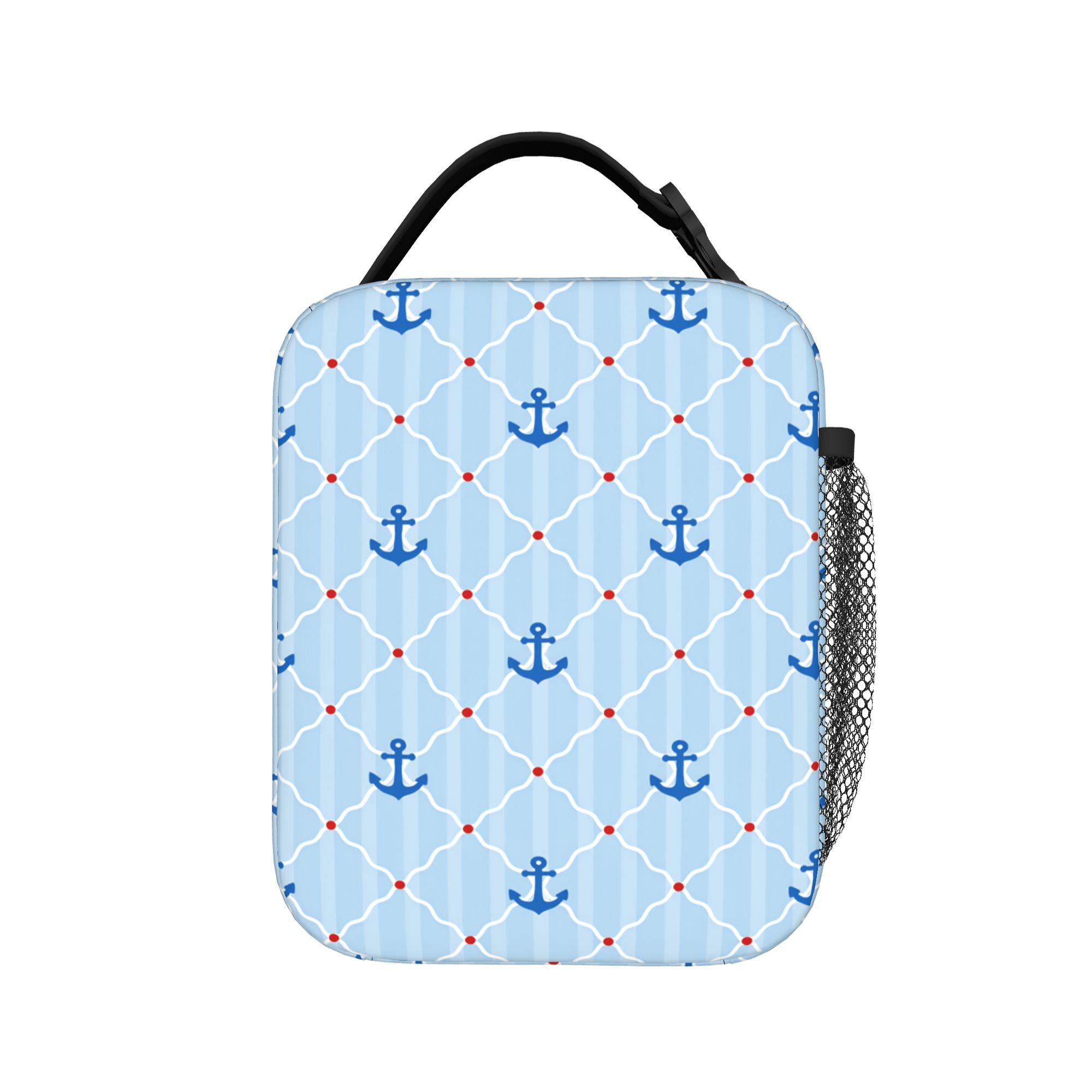 Nautical Blue Anchors With Blue And White Stripes Lunch Bag For Men Cute Designer Thermal Tote Handbags Portable Cooler Bag One Size