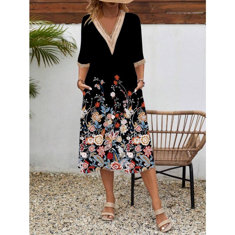 Women's Spring/summer Printed Short-sleeve Dress Lace V-neck Loose Swing Short-sleeve Mid-length Dress
