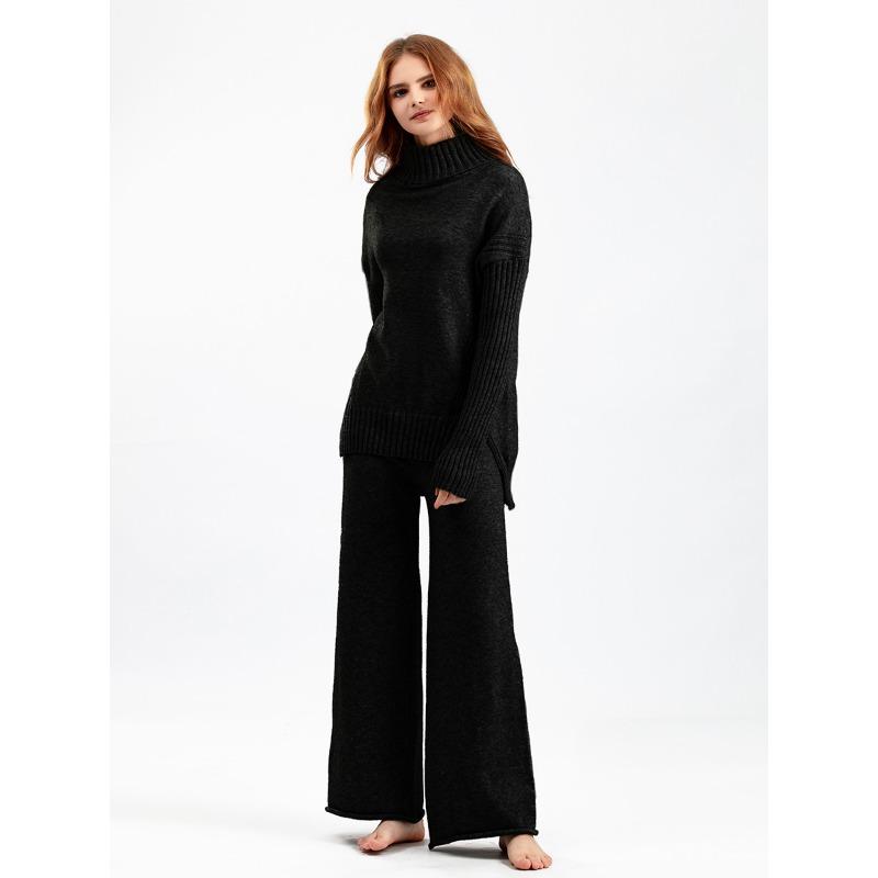 Autumn and Winter New Sweater 2piece Set for Women Lazy Style Loose High-neck Suit for Women Fashionable Casual Wide-leg Pants