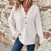 Women Waffle Knit Drawstring Hoodie V-Neck Henley Button Long Sleeve Loose Casual Pullover Top