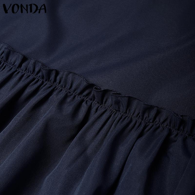 VONDA Elegant Women Casual Lapel Neck Short Sleeve Solid Color Ruffled Dress
