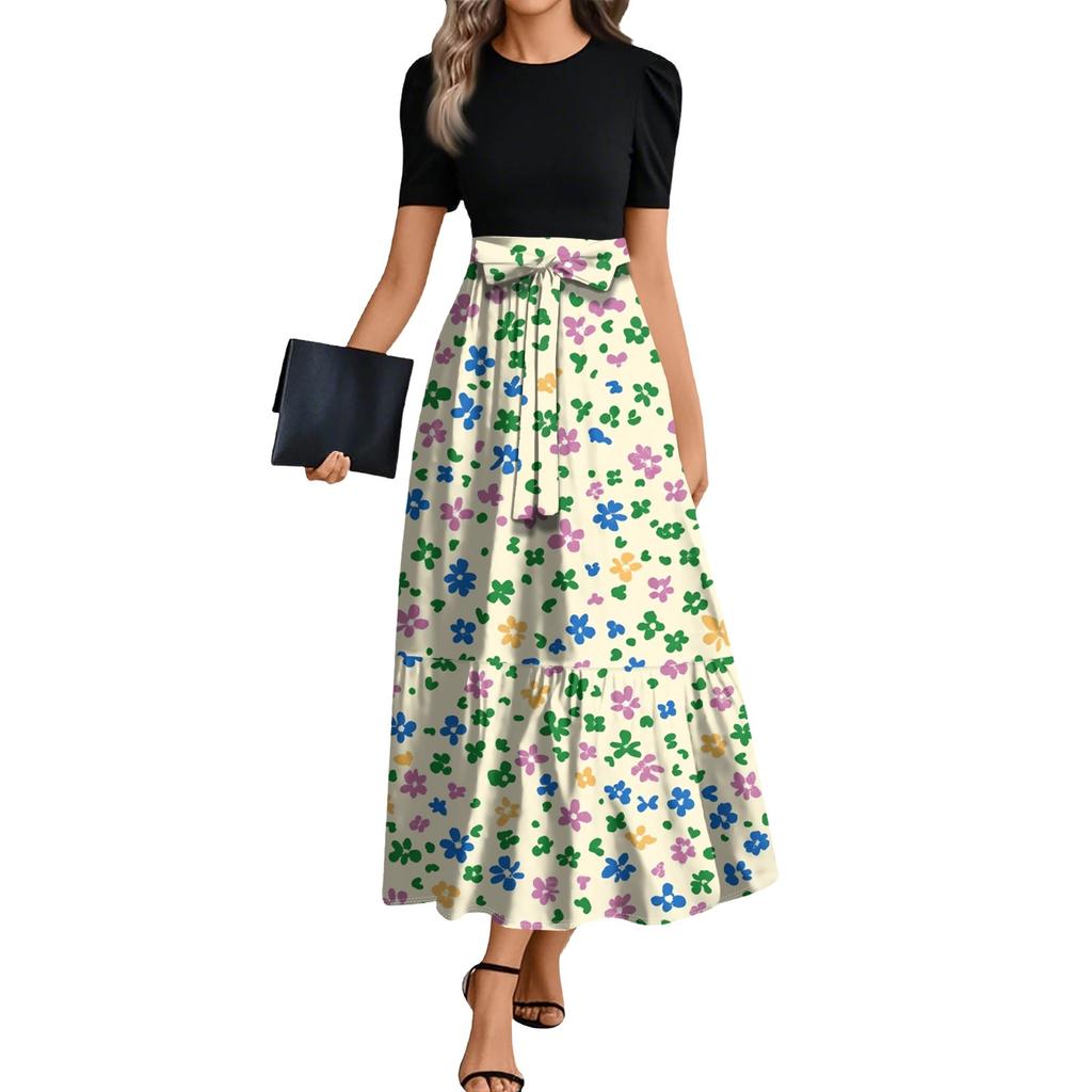 Ladies Fashion Casual Belt Short Sleeve Round Neck Floral Print Splicing Elegant Temperament Dress
