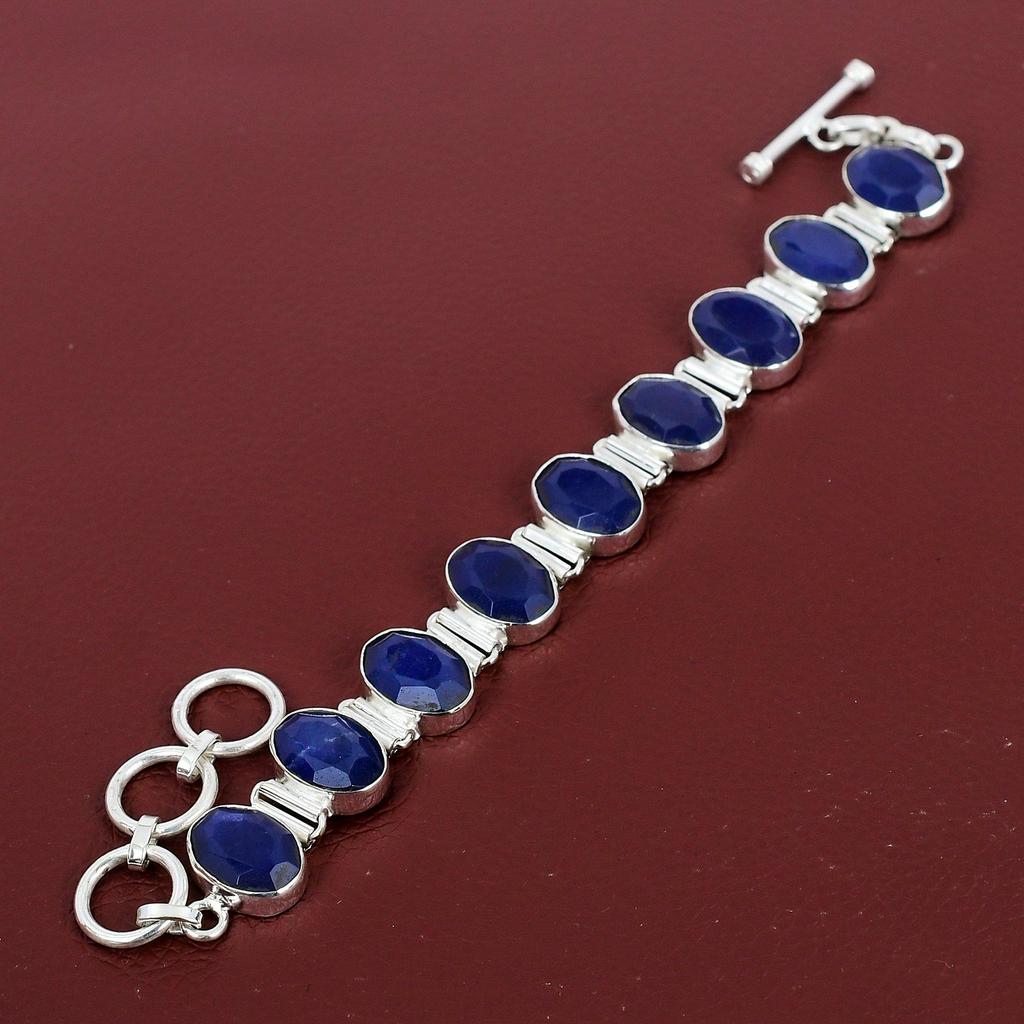 Faceted Blue Sapphire Bracelet Dainty Jewelry 925 Sterling Silver Bracelet Gemstone Handmade Jewelry Adjustable Chain Bracelet Gift For Wife