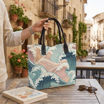  Boho Wave Print Canvas Tote Bag Large Casual Shoulder Handbag for Daily Shopping Travel