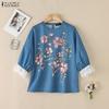 Women Casual Round Neck Lace Splice Short Sleeve Floral Print Blouse