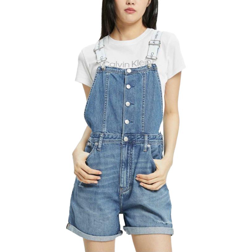 Calvin Klein Comfortable Loose-Fit Buttoned Washed Overalls Women Bottoms Denim-Blue J218840-1AA