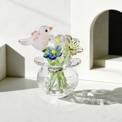 Miniature Glass Flower Figurine Small Hand Blown Faux Crystal Flower Bouquet In Vase with Butterfly/Bird/Bee Collectible Home Office Tabletop Garden
