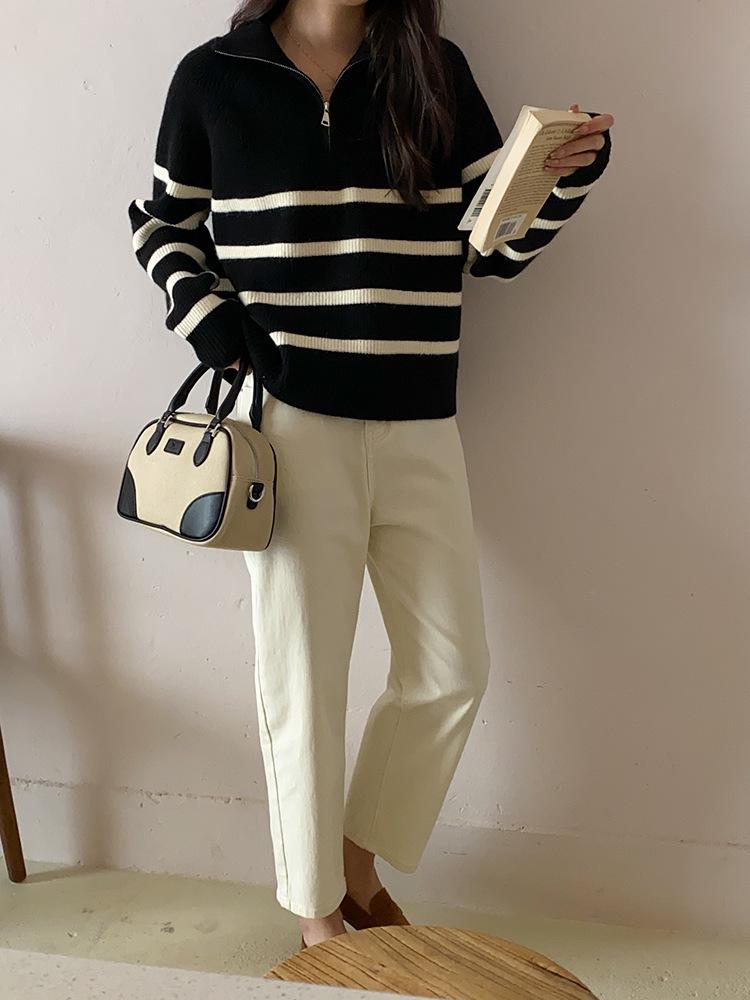 Women's Versatile Color Block Striped Knit Sweater - 2024 Autumn/Winter Half-High Collar Zipper Lapel