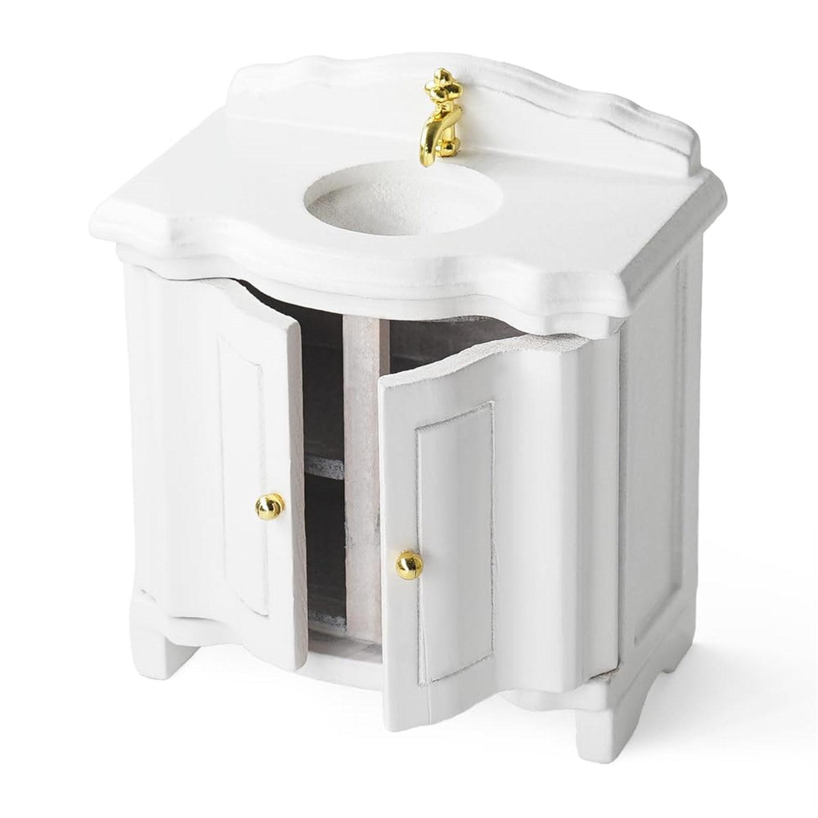 

Miniature Dollhouse Sink Cabinet 1/12 Scale White Wood Wash Basin for Vintage Bathroom and Kitchen Scene Decoration