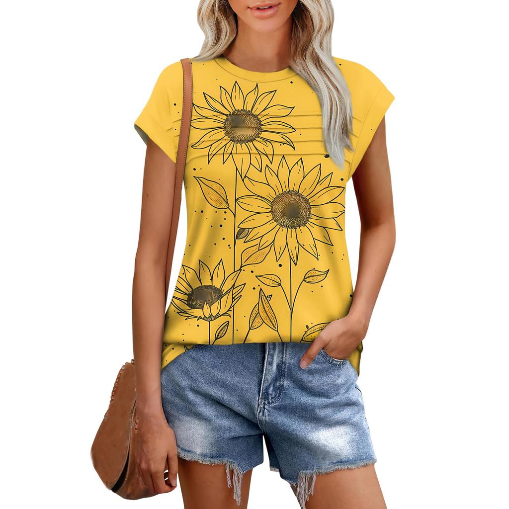 Damenmode Lässig Kurzarm Basic Textur Floral Rundhals T-Shirt Kappenärmel Top