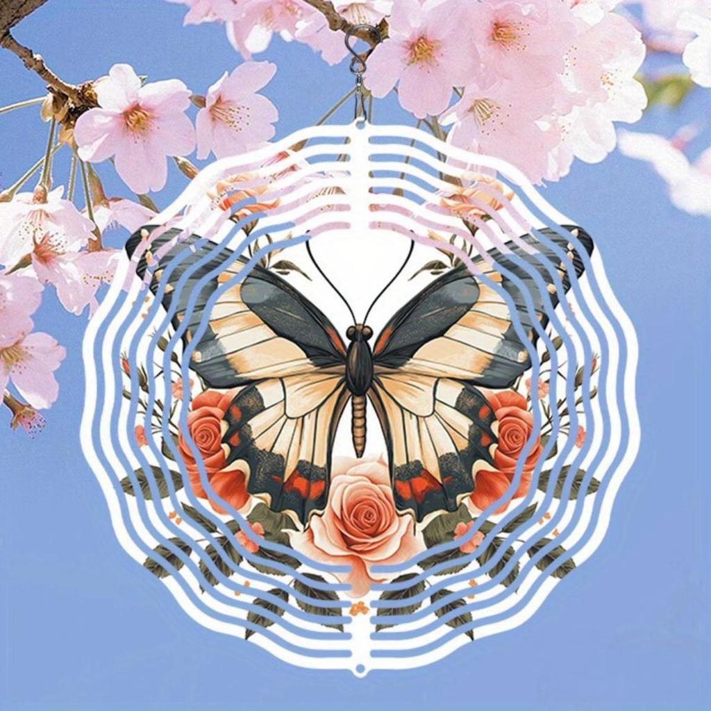 Rose Butterfly Metal Wind Chime Outdoor Garden Decor Kinetic Art for Halloween Christmas Thanksgiving Holiday Party Patio Yard Hanging Ornament