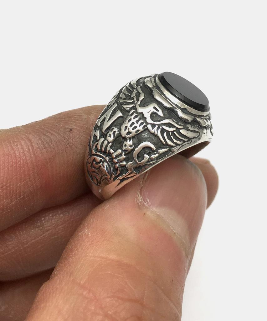 Sheen666 Onyx Eagle Crest Silver Ring (Type B)