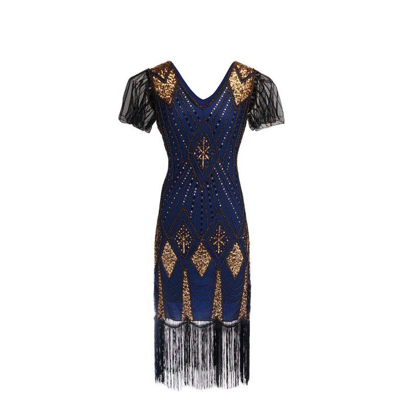 Foreign Trade Hot Sale European and American Foreign Trade Amazon Sequins Formal Dress Performance Dress 1920S Retro Sequins Dress Blue XL