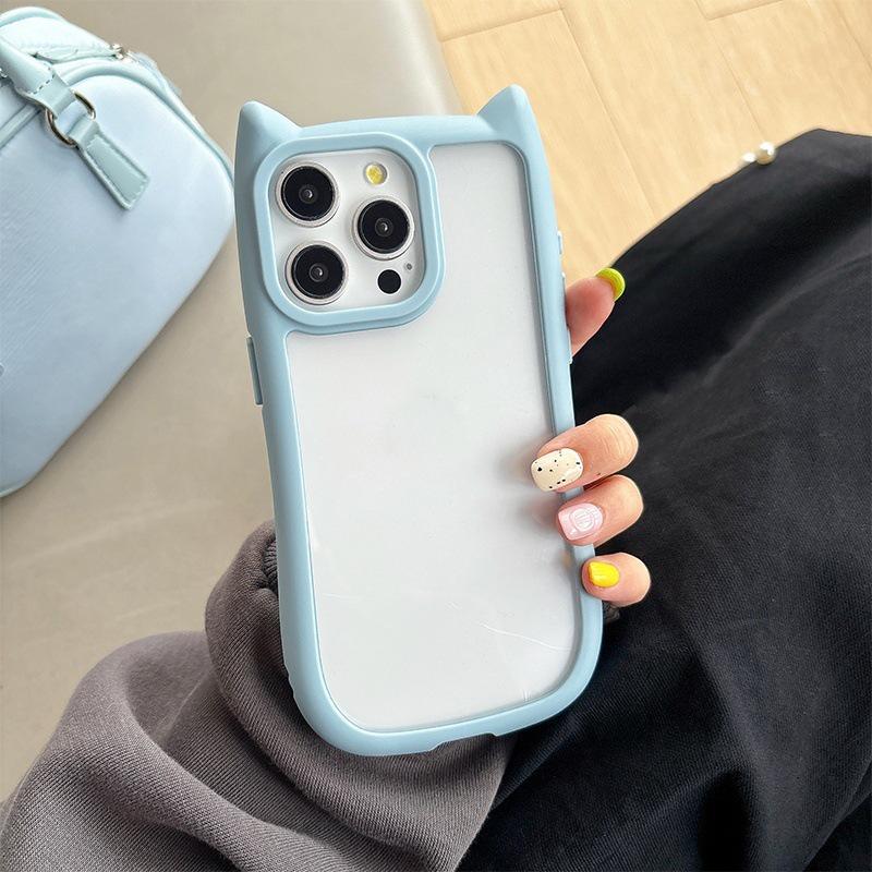 Cute Cat Ears Drop-Proof Phone Case for iPhone 17 Pro Max - Transparent, Grooved Design