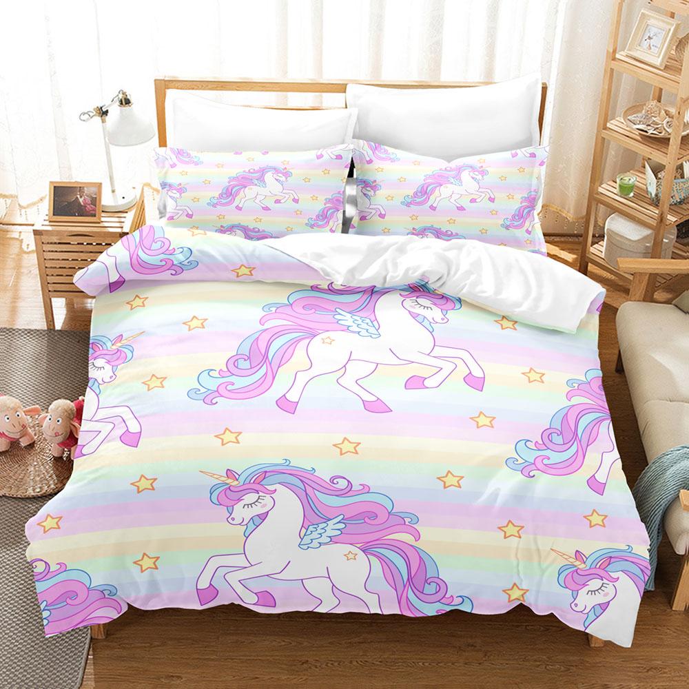 3D Cartoon Bedding Set Unicorn Rainbow Printed Duvet Cover Set Soft Skin-Friendly Single Double King Size for Kids Birthday Gift