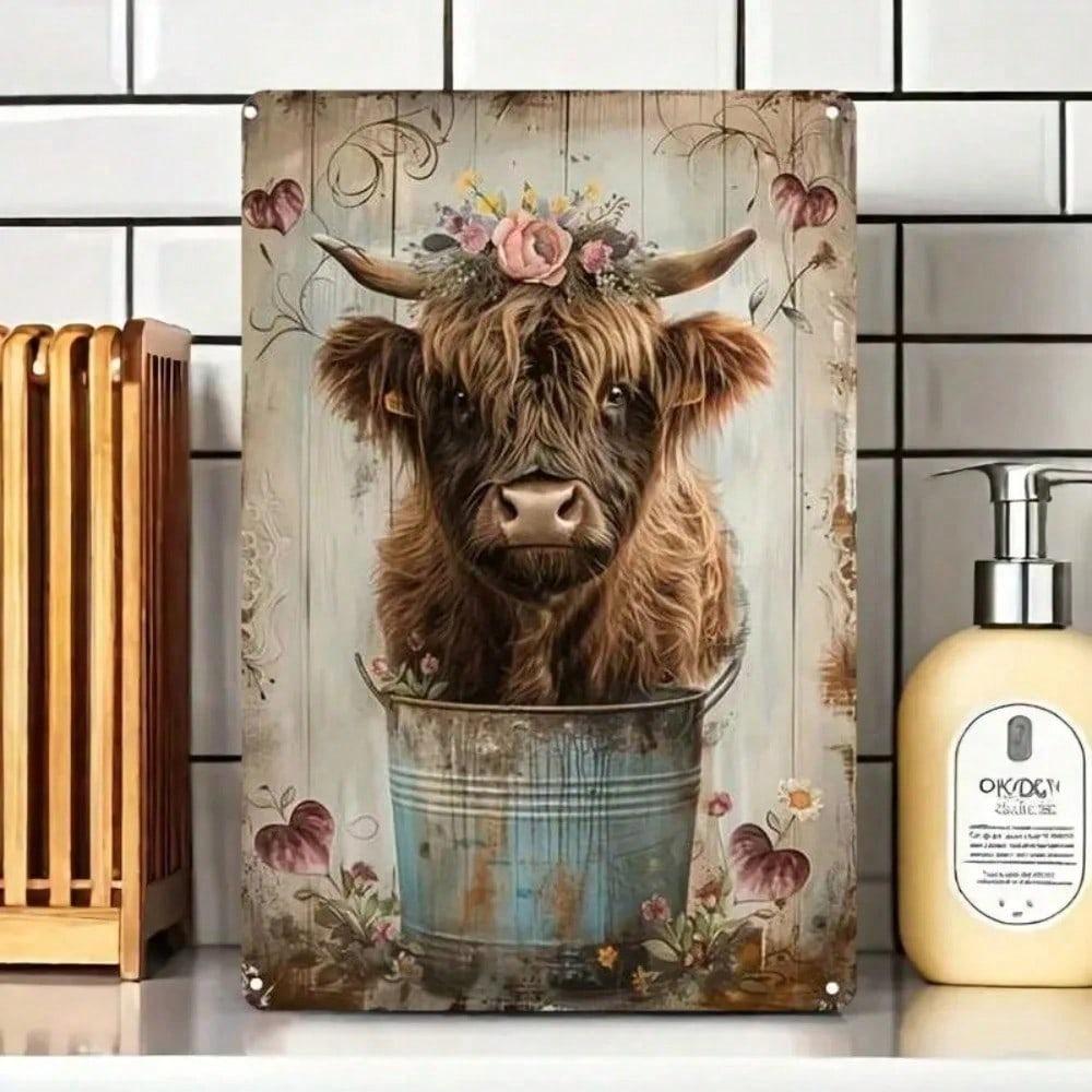 Vintage Highland Cow Floral Metal Sign Rustic Wall Art For Home Garden Outdoor Decor