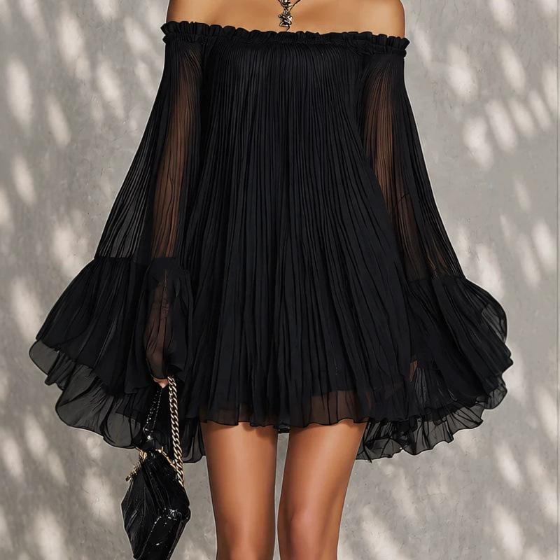 Xia's New Black One-word Shoulder Halter Pleated Lantern Sleeve Mini Fashion Dress