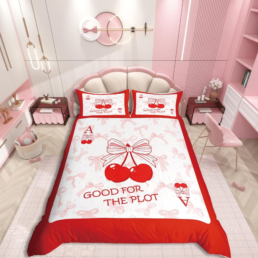 Homewish Kawaii Monogrammed Alphabet Duvet Cover Set Cartoon Ribbon Cherry Bedding Set Dreamy Fairy Tale Reversible Decor