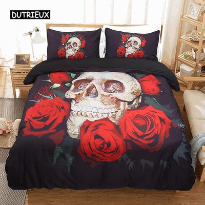 Parure de lit avec housse de couette et tête de mort en rose rouge, housse de couette imprimée en 3D avec tête de mort florale et fermeture éclair, parure de lit en microfibre douce avec décoration gothique
