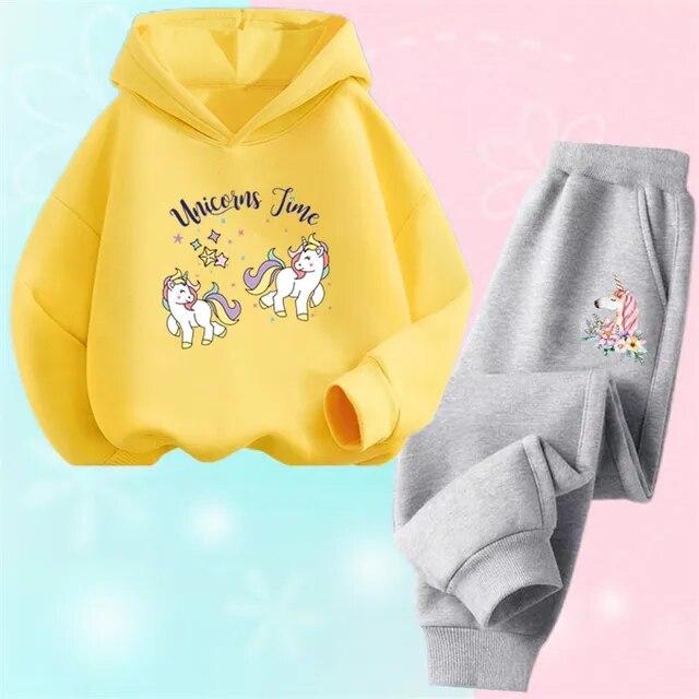 Cartoon Einhorn Pony Kapuzen Baumwollanzug für Mädchen Hoodies und Hosen zweiteilige Outfits Frühling Herbst Sportkleidung 3-14 Jahre