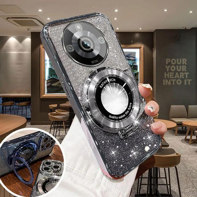 

Роскошный чехол для телефона с магнитной присоской-подставкой для Realme 12 11 Pro 10 C 67 65 4G 55 53 30 V 25 13 F 17 11 PRO Противоударный чехол-подставка REALME F5&Case & Holder серебряный