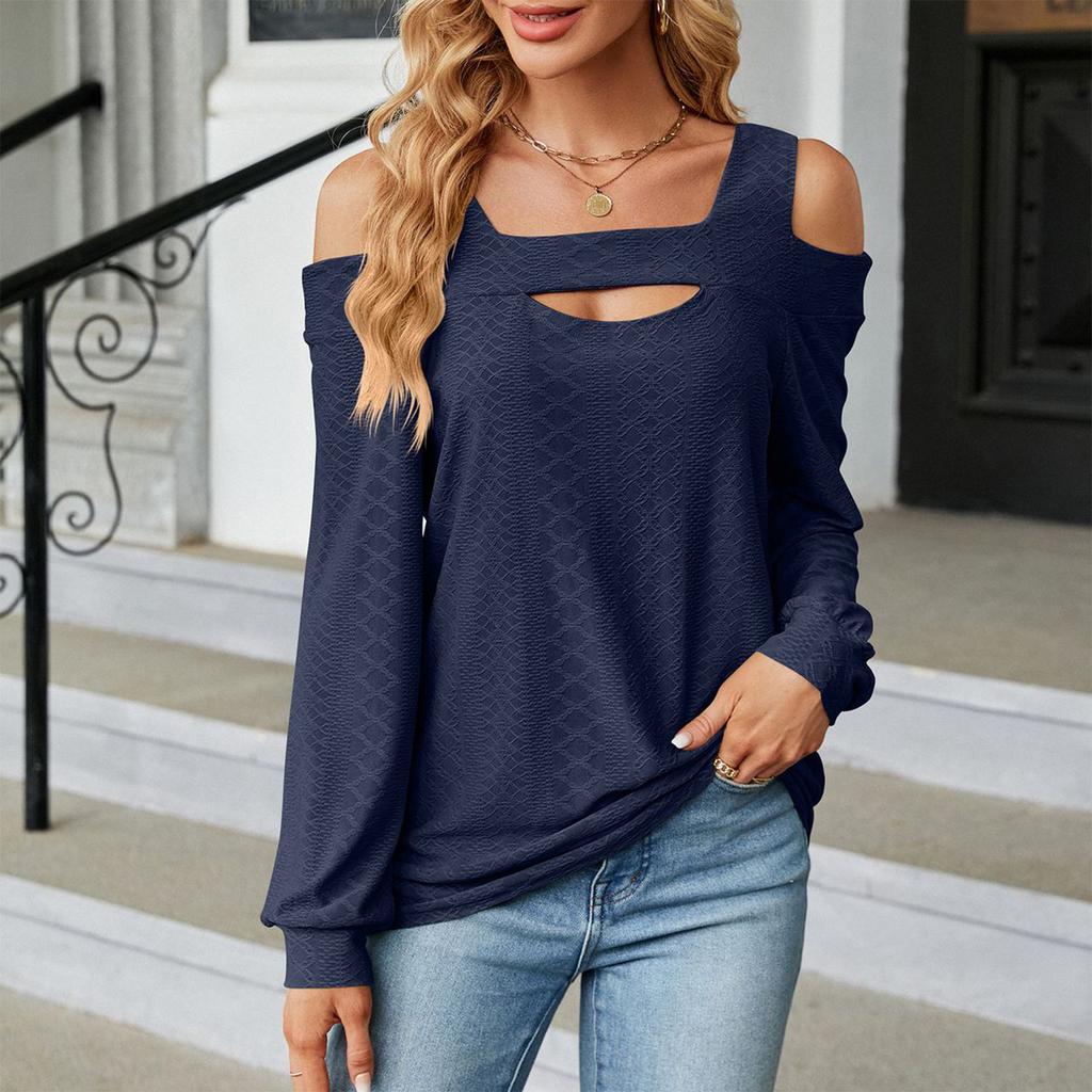 Women's Fashionable Color Loose Round Neck Long Sleeved Off Shoulder Pullover T-shirt Top