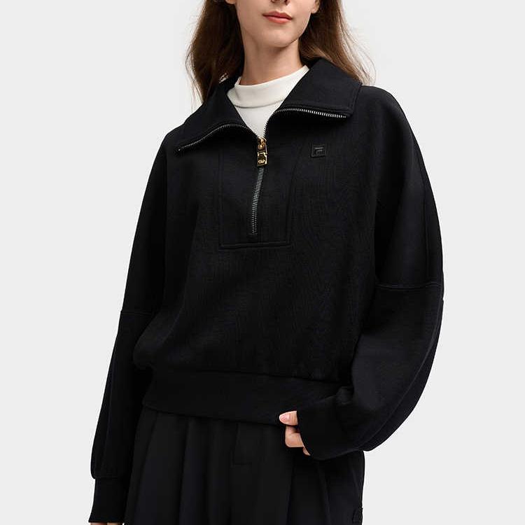 FILA Milano Italian Luxury Sports Collection Solid Color Casual Versatile Half-Zip Polo Sweatshirt Women sweatshirt Black F11W515212F-BK