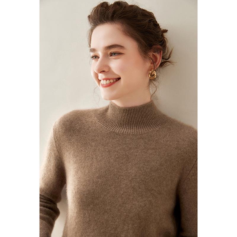 Women's Cashmere Half High Neck Slimming Solid Color Sweater for Autumn/Winter