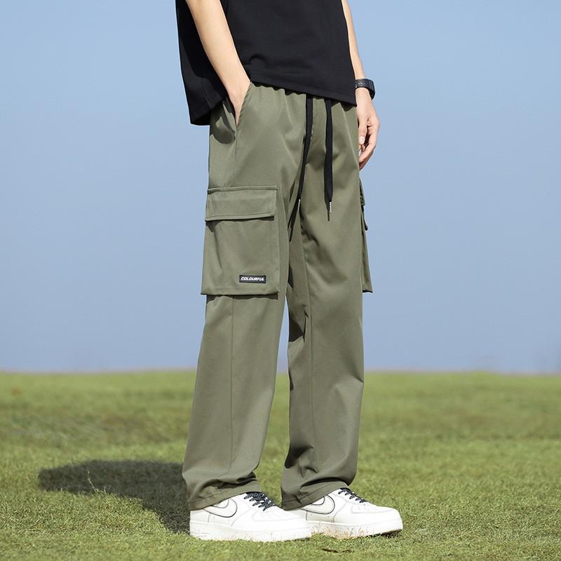 Mens Loose Straight Fit Cargo Pants Lightweight Workwear Trousers With Drawstring Waist Multiple Pockets