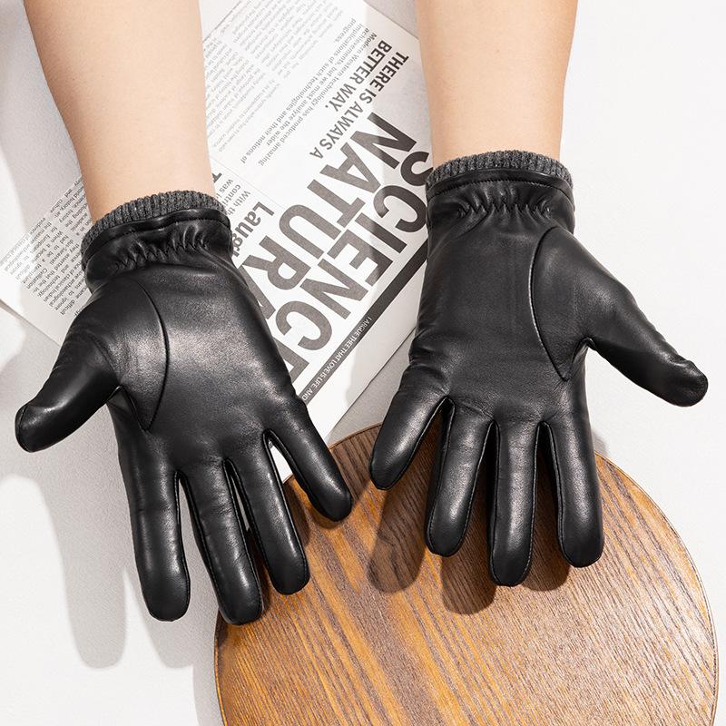 Men's Genuine Leather Gloves  Three Rib Gloves Thickened Sheepskin with Fleece Windproof and Warm Gloves for Driving and Cycling