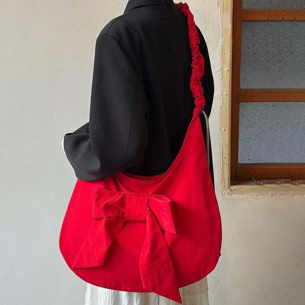 Solid Color Bow Decor Dumpling Bag Tote Large Capacity Pleated Strap Crossbody Bag Nylon Polyester Korean Sweet Shoulder Pouch