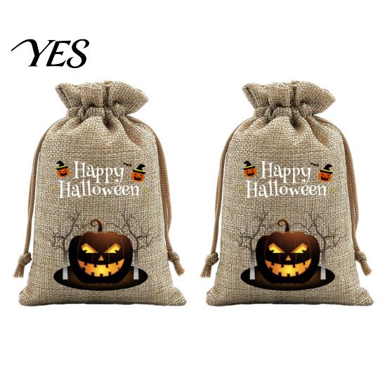 Trick or Treat Party Souvenirs 2Pcs Halloween Pumpkin Drawstring Bags for Candy Treats, Retro Burlap Cute Ghost Theme Pouches Bags, Portable