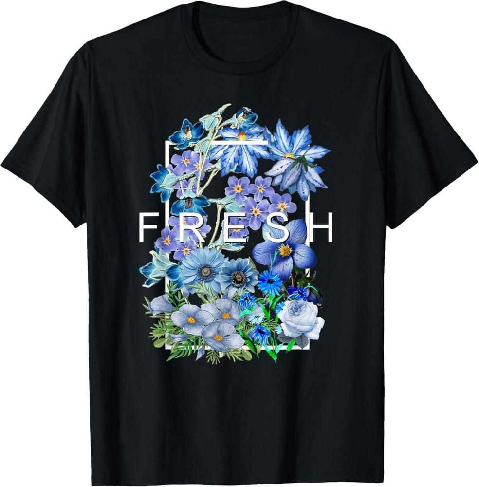 

Blue Fresh Bloom Flowers Blue Color Graphic T-Shirt 4XL