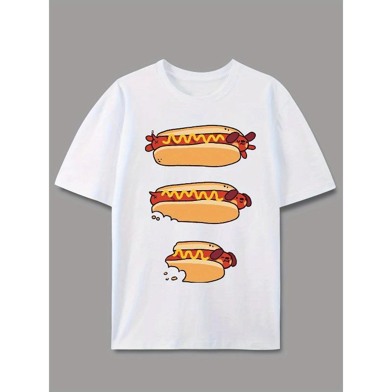Taglie Europee T-shirt da Uomo Cane Carino Costumi Hot Dog Stampa Lettere Graffiti Manica Corta, Top da Coppia High Street