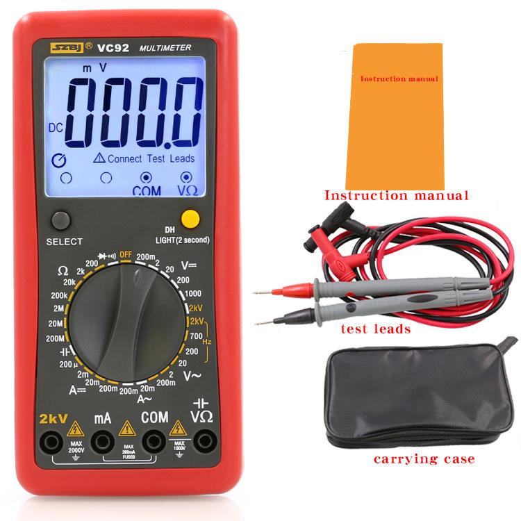 

Цифровий мультиметр SZBJ VC92 з великим екраном, вимірювання міжфазної напруги, 2000 В змінного/постійного струму, 2 кВ високої напруги