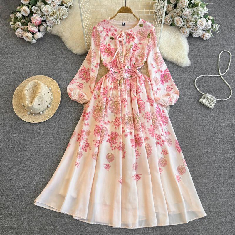 

Accessible Luxury Waist-Tight A- line Printed Elegance Dress Dress Apricot Base Powder Flower M
