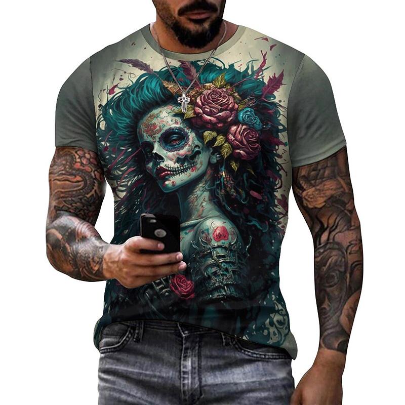 Summer Round Neck 3D Mexican Day of the Dead Skull Pattern Print Top Fashionable Casual Short Sleeved Men's T-shirts