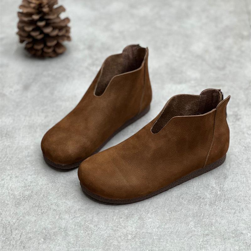 Johnature Retro ručně vyráběná pravá kůže ploché krátké boty s kulatou špičkou měkká podrážka pro volný čas Univerzální dámská obuv