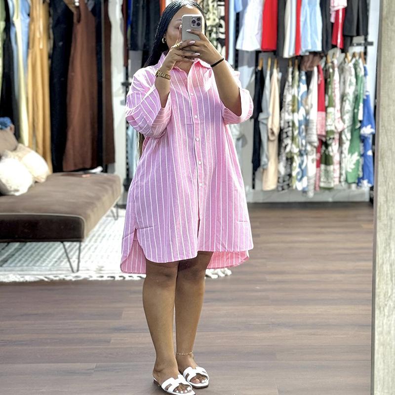 Women s 2026 Summer New Fashionable Turn-down Collar Buttoned Loose Striped Long Sleeve Mid-length Shirt S розовый